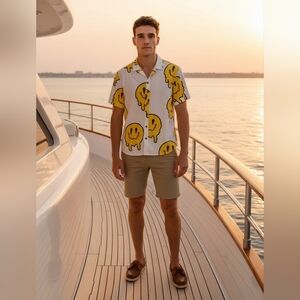 Bodega Melted Smiley Face Button Front Casual Short Sleeve Shirt L (20T)